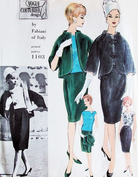 1960s FABIANI Elegant Suit and Blouse Pattern VOGUE COUTURIER Design 1103 Stunning Funnel Neck Jacket, Slim Skirt Bateau Neckline Blouse Day or Evening Cocktail Party Bust 32 Vintage Sewing Pattern  FACTORY FOLDED