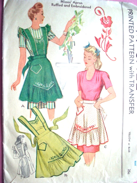 1940s PRETTY War Time WWII  Apron Pattern McCALL 1124 Three Lovely Styles Half and Full Bib  Bust 36-38 Vintage Sewing Pattern FACTORY FOLDED