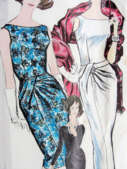1960s GORGEOUS Patou Evening Gown Cocktail Dress Pattern  VOGUE Paris Original 1128 Stunning Drapery, Bateau Neckline Low V Back Version V, Bust 31 Vintage Sewing Pattern