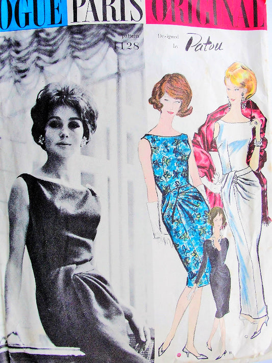 1960s GORGEOUS Patou Evening Gown Cocktail Dress Pattern  VOGUE Paris Original 1128 Stunning Drapery, Bateau Neckline Low V Back Version V, Bust 31 Vintage Sewing Pattern