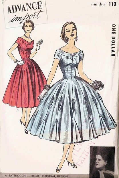 BEAUTIFUL 1950s BATTILOCCHI Evening Dress Pattern ADVANCE Import 113 Princess Line Wide Skirted,Fabric Insets, Godets Set in Skirt Edge GORGEOUS Design Bust 30 Vintage Sewing Pattern