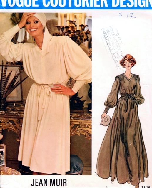1970s JEAN MUIR  BLOUSON DRESS PATTERN V NECKLINE, LOVELY FULL SLEEVES, NARROW CUFFS VOGUE COUTURIER DESIGN PATTERNS 1146