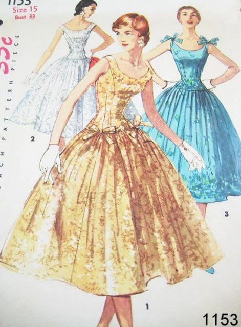 1950s BEAUTIFUL Evening Party Cocktail Dress Pattern SIMPLICITY 1153 Figure Molding Long Line Bodice Very Full Skirt 3 Style Versions Bust 33 Vintage Sewing Pattern