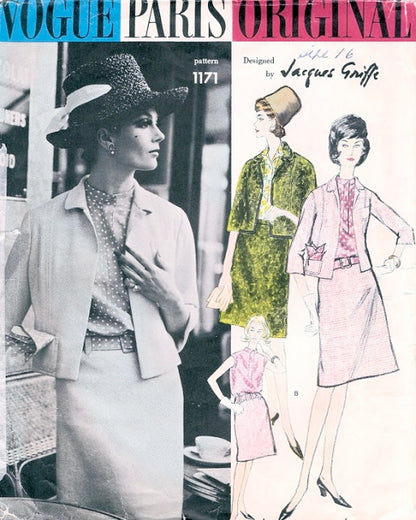 1960 JACQUES GRIFFE SUIT, BLOUSE PATTERN CLASSY BOX JACKET, SLIGHTLY FLARED SKIRT,BELT, BLOUSE  VOGUE PARIS ORIGINAL 1171