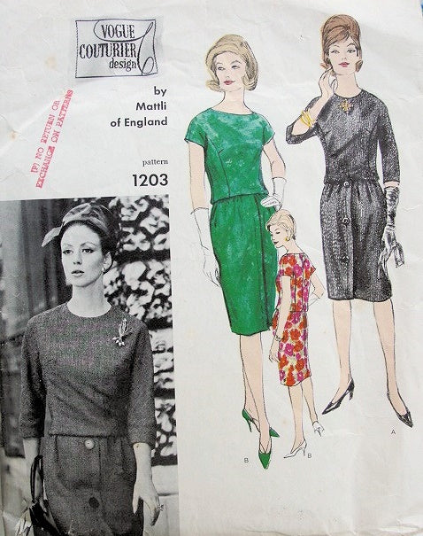 1960s CLASSY Dress By Mattli Pattern VOGUE Couturier Design 1203 Slim Button Back Dress Day or After 5 Bust 38 Vintage Sewing Pattern FACTORY FOLDED