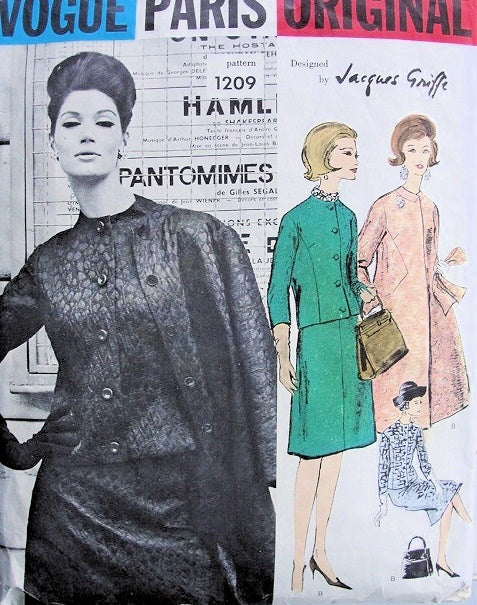 1960 GRIFFE SUIT DRESS, COAT, SCARF PATTERN FITTED JACKET, GORED SKIRT, FLARED COAT TOTALLY CLASSY STYLE VOGUE PARIS ORIGINAL PATTERNS 1209