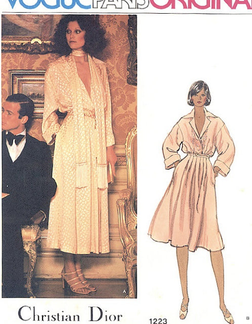 1970s DIOR Evening Dress and Scarf Pattern VOGUE Paris Original 1223 Day or Evening Dress and Slip, 2 Lengths, Bust 34 Vintage Sewing Pattern