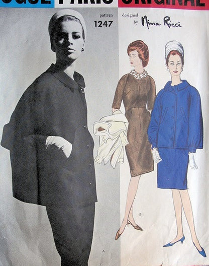 1960s NINA RICCI Slim Dress Coat Jacket Pattern Vogue Paris Original 1247 Classy Style Day or Evening Bust 31 FACTORY FOLDED
