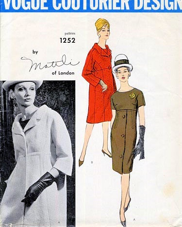 1960s STUNNING Mattli Dress and Coat Pattern VOGUE COUTURIER Design 1252 Empire Slim Dress and Coat Bust 32 Vintage Sewing Pattern