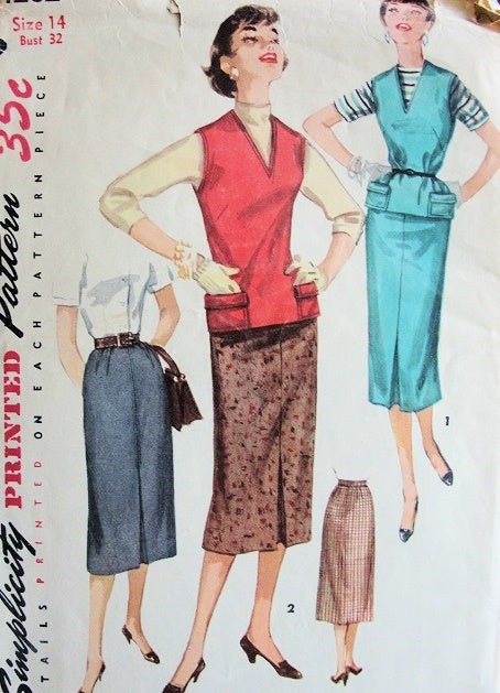 1950s  SLIM PENCIL SKIRT, JERKIN TOP PATTERN SIMPLICITY 1262