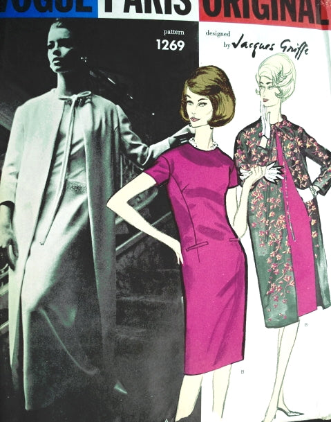 1960s Day or Evening Dress, Slip and Coat Pattern Vogue Paris Original 1269 JACQUES GRIFFE Evening Gown Low Slit Back or Regular Day Version Bust 34 Vintage Sewing Pattern