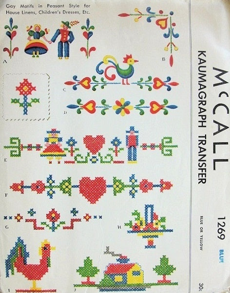 1940s McCall 1269 Kaumagraph Iron On Transfer Pattern Sweet Motifs in Peasant Style For House Linens, Childrens Clothes Etc Never Used