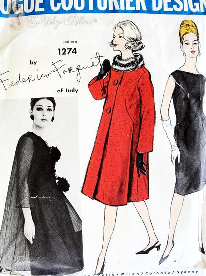 1960s ELEGANT Federico Forquet Dress and Coat Pattern VOGUE Couturier Design 1274 Evening or Daytime Versions Bust 32 Vintage Sewing Pattern