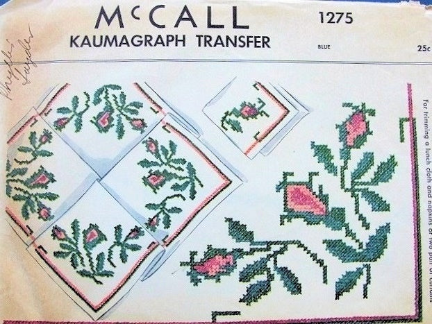 1940s McCALL 1275 Kaumagraph Iron On Transfer Moss Roses Cross Stitch Pattern For Trimming Lunch Cloth Tablecloth Napkins or Pair of Curtains Never Used