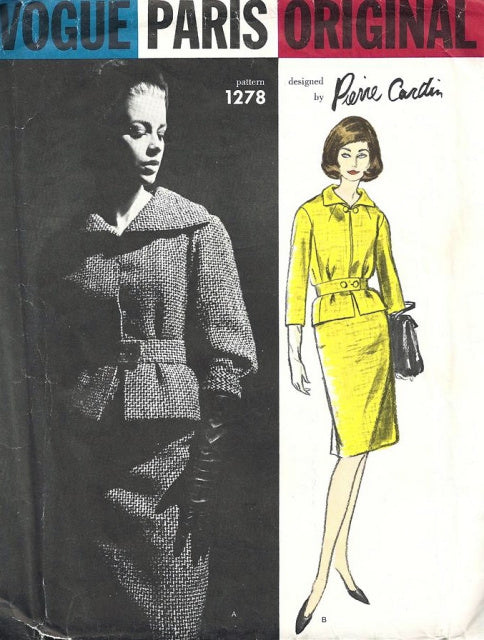 1960s VOGUE PARIS ORIGINAL PATTERN 1278 PIERRE CARDIN SUIT CLASSY BELTED JACKET  SHAPED COLLAR IN 2 WIDTHS SLIM FRONT SKIRT CENTER BACK INVERTED PLEAT Bust 34