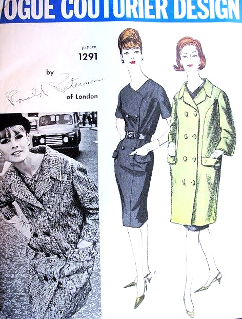 1960s CLASSY Ronald Paterson Slim Dress and Coat Pattern VOGUE Couturier Design 1291 Double Breasted Dress and Coat Bust 32 Vintage Sewing Pattern