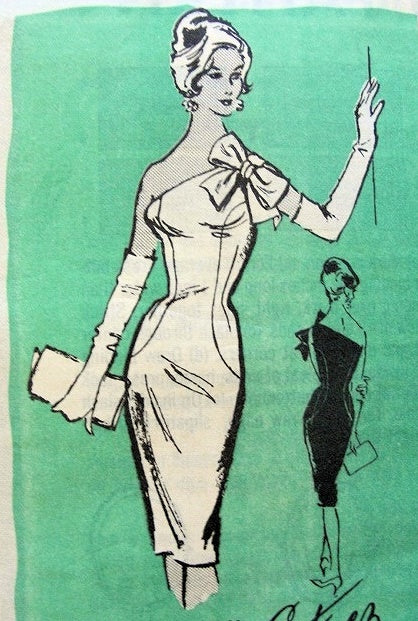 1950s STUNNING Designer Luis Estévez Cocktail Evening Dress Pattern PROMINENT DESIGNER 130 Slim One Shoulder Sheath Cocktail Party Dress Bust 36 Vintage Sewing Pattern