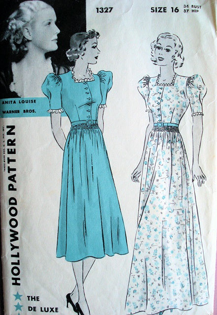 1930s BEAUTIFUL Day or Evening Dress Pattern HOLLYWOOD 1327 Featuring Warner Brothers Starlet Anita Louise, Bust 34 Vintage Sewing Pattern