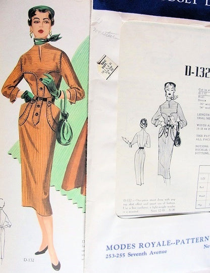 1950s PEG TOP SKIRTED SLIM DRESS PATTERN STUNNING DETAILS MODES ROYALE PATTERNS 132