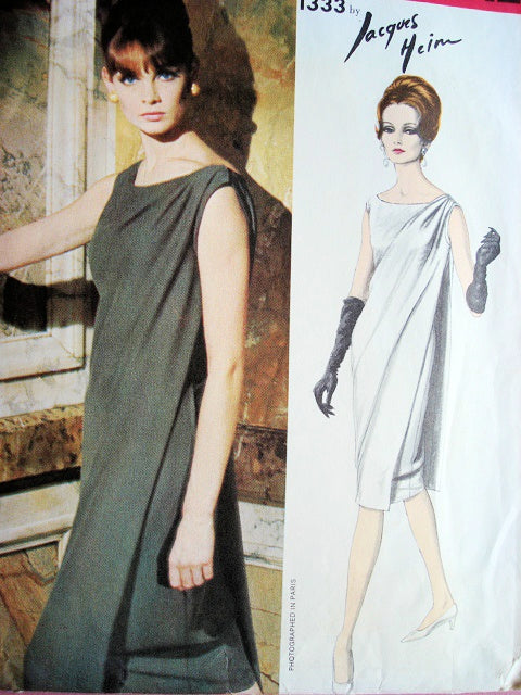 1960s DRAMATIC  Jacques Heim Evening Cocktail Party Dress Pattern VOGUE Paris 1333 Shoulder Draped Stunning Design Bust 34 Vintage Sewing Pattern FACTORY FOLDED