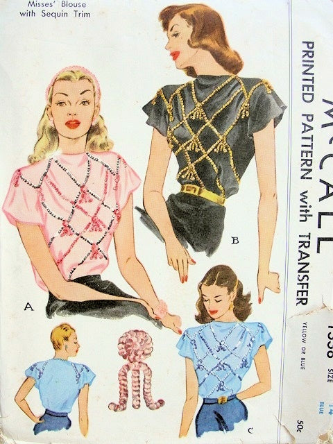 1940s BEAUTIFUL Blouse Pattern McCALL 1338 Lovely Sequin Trim Transfer FILM NOIR Style Evening Blouse UNCUT Bust 36 Vintage Sewing Pattern