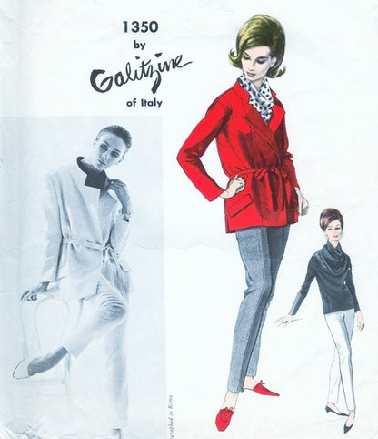 1960s FAB Galitzine Cigarette Slim Pants, Wrap Jacket Gorgeous Cowl Neck Over Blouse Pattern VOGUE Couturier Design 1350 Day or Evening Wear Bust 32 Vintage Sewing Pattern