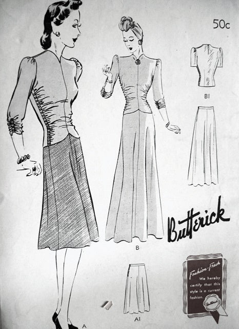 1940s 2 PC EVENING DRESS GOWN PATTERN BIAS CUT BUTTERICK 1358