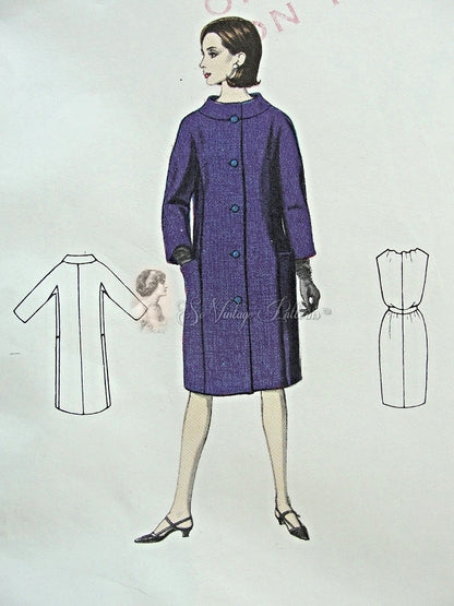 1960s CLASSY Laroche Coat and Dress Pattern VOGUE Paris Original 1362 Audrey Style Blouson Dress Day or Evening,Semi Fitted Coat Bust 32 Vintage Sewing Pattern +Label