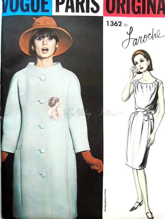 1960s CLASSY Laroche Coat and Dress Pattern VOGUE Paris Original 1362 Audrey Style Blouson Dress Day or Evening,Semi Fitted Coat Bust 32 Vintage Sewing Pattern +Label