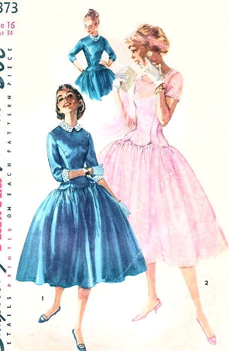 1950s LOVELY Long Line Bodice Full Skirt Dress Pattern SIMPLICITY 1373 Dreamy Scalloped Bodice Party Dress Detachable Cuffs n Collar 3 Versions Bust 32 Vintage Sewing Pattern