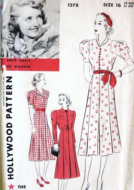 1930s BETTE DAVIS Hollywood 1378 Dress Pattern Stylish Shirtdress Three Versions Vintage Sewing Pattern