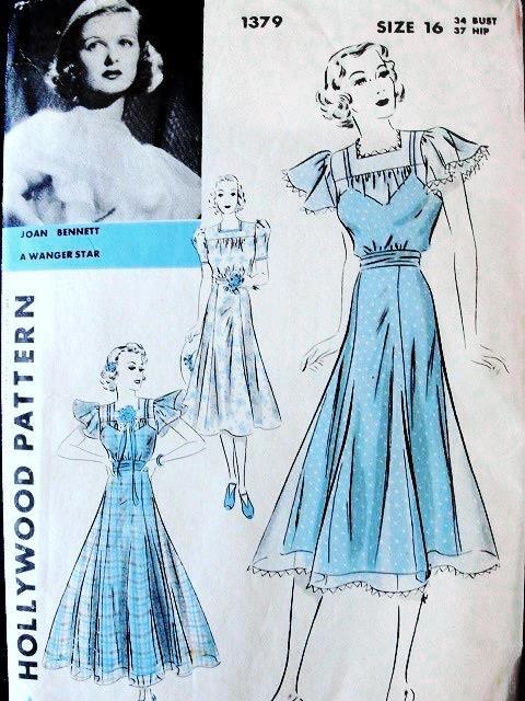 1930s BEAUTIFUL Party Evening Dress Pattern HOLLYWOOD 1379 Three Styles and 2 Lengths, Featuring Joan Bennett, Bust 34 Vintage Sewing Pattern