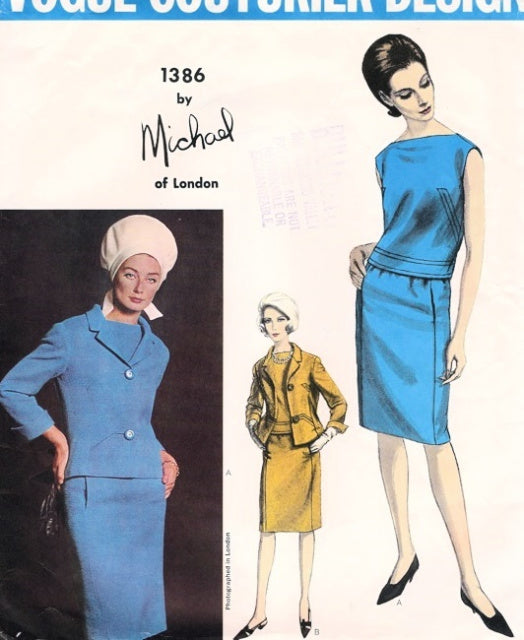 1960s  Suit and Overblouse Pattern Michael of London For Vogue Couturier Design 1386 Slim Skirt Semi Fitted Jacket Bateau Neckline Blouse Vintage Sewing Pattern