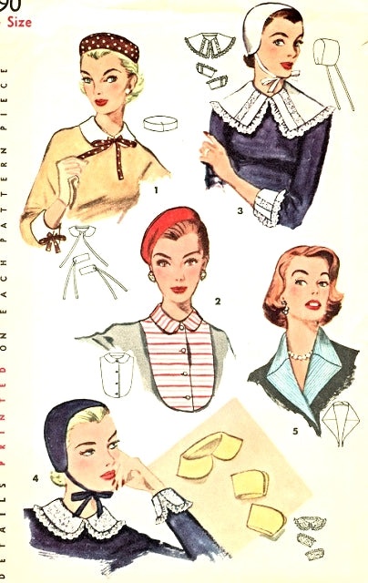 1950s CHARMING Hats, Collars Cuffs and Dickey Pattern  SIMPLICITY 1390 Wonderful Accessories Pattern Beret, Pill Box, Baby Style Hat, Peter Pan Collar, Vintage Sewing Pattern FF