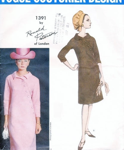 60s STRIKING Ronald Paterson Asymmetrical Dress Pattern VOGUE COUTURIER Design 1391 Totally Classy Bust 32 Vintage Sewing Pattern