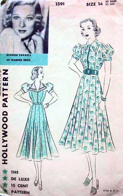 BEAUTIFUL 1930s HOLLYWOOD 1391 Dress Pattern, Ten Gore Skirted Frock ,Fitted Bodice V or  Shaped Collar, Puff Sleeves, Glenda Farrell of Warner Bros Bust 36 Vintage Sewing Pattern FF
