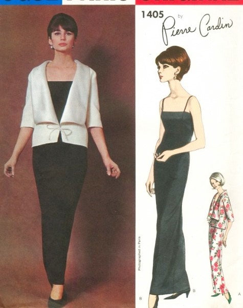 1960s STUNNING Cardin Evening Sheath Dress and Jacket Pattern VOGUE PARIS Original 1405 Slim Spaghetti Strap Slip Dress Lovely Wide Collar Jacket Bust 32 Vintage Sewing Pattern