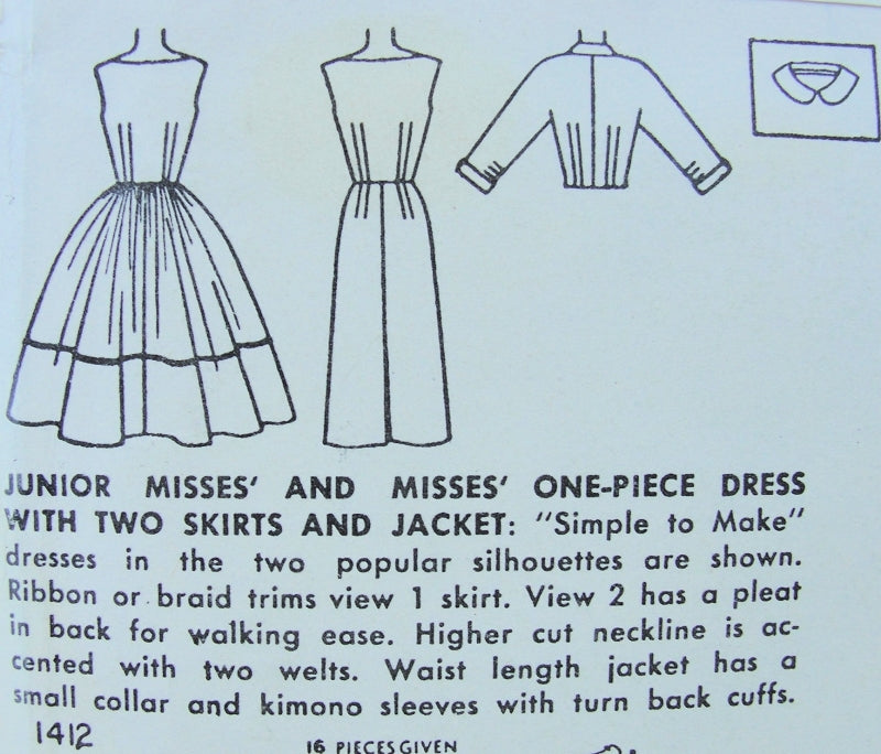 1950s Simplicity 1412 Dress Pattern Slim Figure Hugging Sheath Bateau Neckline or Full Skirted Version Fitted Jacket Simple To Make Bust 30 or 34 Vintage Sewing Pattern