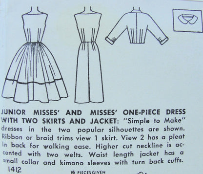 1950s Simplicity 1412 Dress Pattern Slim Figure Hugging Sheath Bateau Neckline or Full Skirted Version Fitted Jacket Simple To Make Bust 30 or 34 Vintage Sewing Pattern