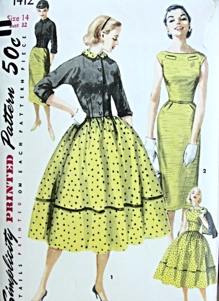 1950s Simplicity 1412 Dress Pattern Slim Figure Hugging Sheath Bateau Neckline or Full Skirted Version Fitted Jacket Simple To Make Bust 30 or 34 Vintage Sewing Pattern