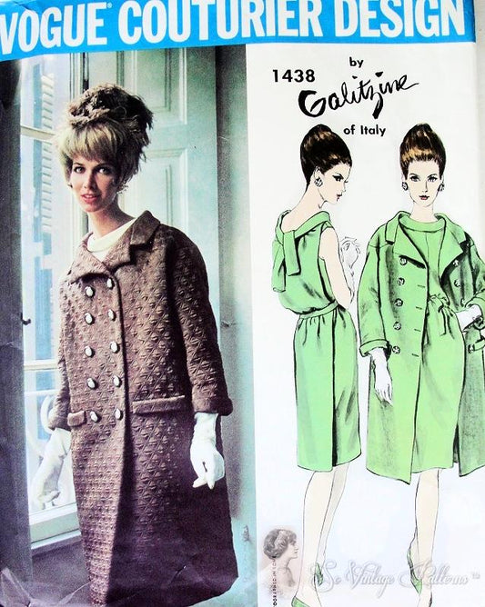 1960s Galitzine of Italy Evening Dress and Coat Pattern Slim Cocktail Dress Back Panel, Double Breasted Coat Vogue Couturier Design 1438 Vintage Sewing Pattern Size Bust 32 UNCUT Factory Folded