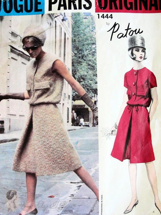 1960s ELEGANT Patou Dress Pattern VOGUE PARIS Original 1444 Shaped Blouson Top a Line Skirt, Front  Inverted Pleat Vintage Couture Sewing Pattern Bust 32