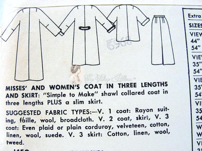 1950s CLASSY Suit and Coat Pattern SIMPLICITY 1450 Slim Skirt with Choice of 3 Lengths For Coat Bust 34 Simple To Make Vintage Sewing Pattern