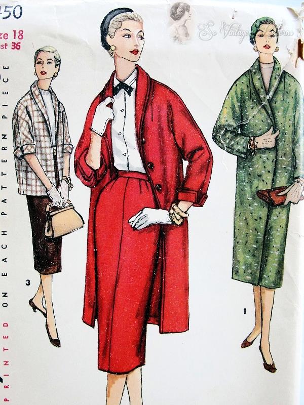 1950s CLASSY Suit and Coat Pattern SIMPLICITY 1450 Slim Skirt with Choice of 3 Lengths For Coat Bust 34 Simple To Make Vintage Sewing Pattern