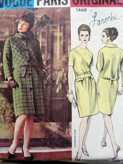 1960s LAROCHE Slim Dress and Coat Pattern VOGUE PARIS ORIGINAL 1460 Lovely Lower Waist Dress Day or  Evening Bust 32 Vintage Sewing Pattern