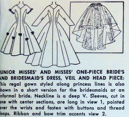 1950s BEAUTIFUL Wedding Dress Pattern SIMPLICITY 1461 Bridal Gown and Veil With Head Piece, PRINCESS Style Figure Flattering Bust 30 Vintage Sewing Pattern