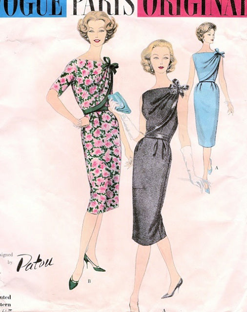 1950s  Vogue Paris Original 1465 PATOU Cocktail Evening Dress Pattern 2 Pc  ASYMMETRICAL Front Drape High or Low Back  Bust 34 Vintage Sewing Pattern UNCUT