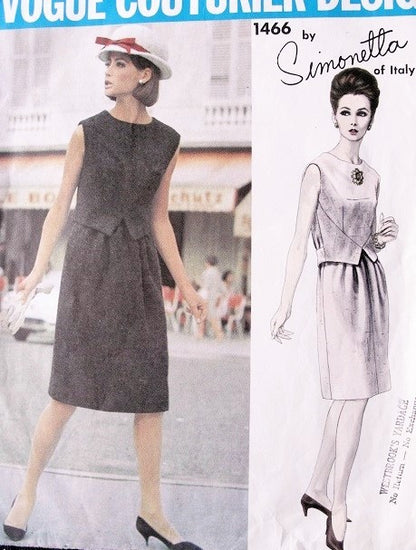 1960s SIMONETTA Dress Pattern Vogue Couturier Design 1466 Vintage Sewing Pattern Unique WaistCoat Creates 2 Pc Effect  Dress Bust 32 FACTORY FOLDED