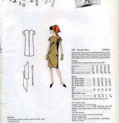 1960s MOLYNEUX VOGUE PARIS ORIGINAL PATTERN 1489 SLIM DRESS DIAGONAL SEAM DESIGN Bust 32 Vintage Sewing Pattern FF