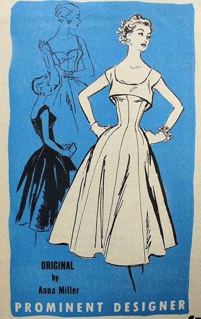 1950s PARTY COCKTAIL PRINCESS DRESS, BOLERO PATTERN FLATTERING DESIGN, UNIQUE BUTTON BACK JACKET, ANNA MILLER PROMINENT DESIGNER PATTERNS 148
